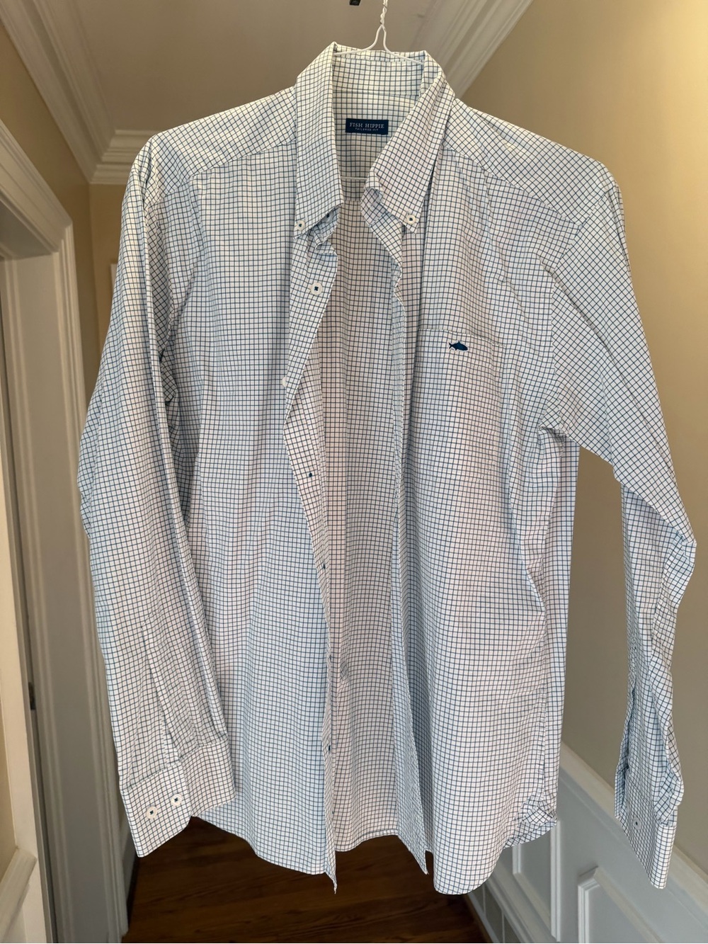Fish hippie Men's Blue Check Button-Down Shirt large